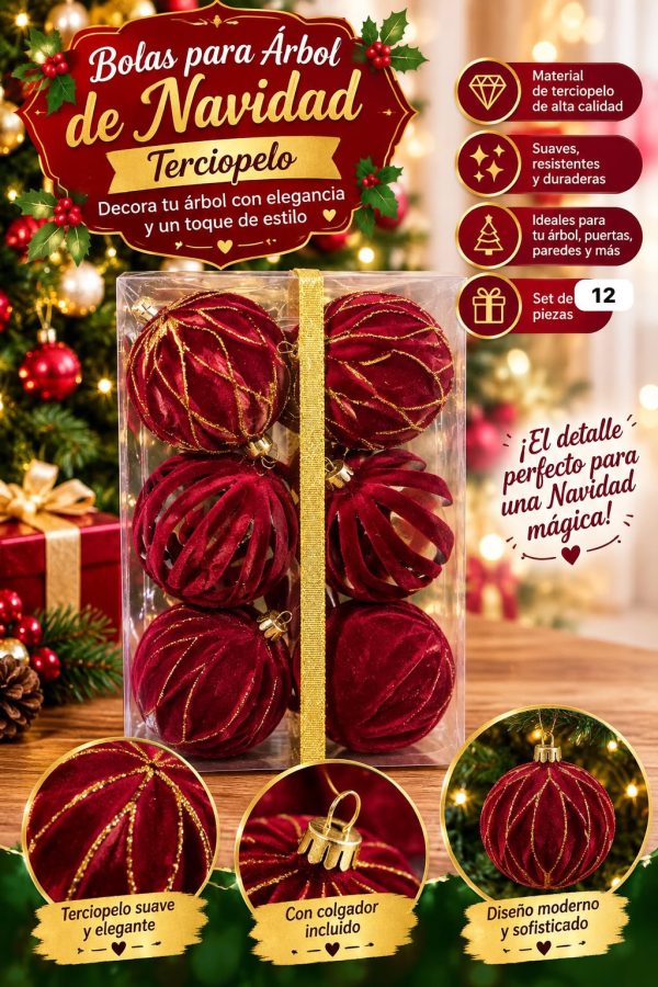 SET DE 12 BOLAS NAVIDEÑAS TERCIOPELO