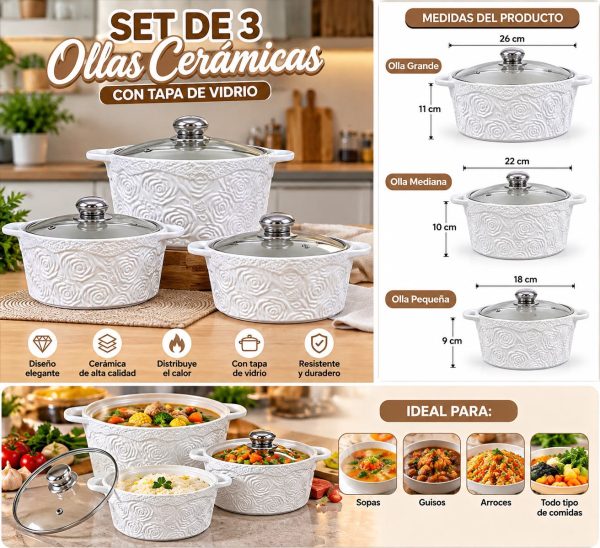 SET DE 3 OLLAS ELEGANTES MODELO ROSA
