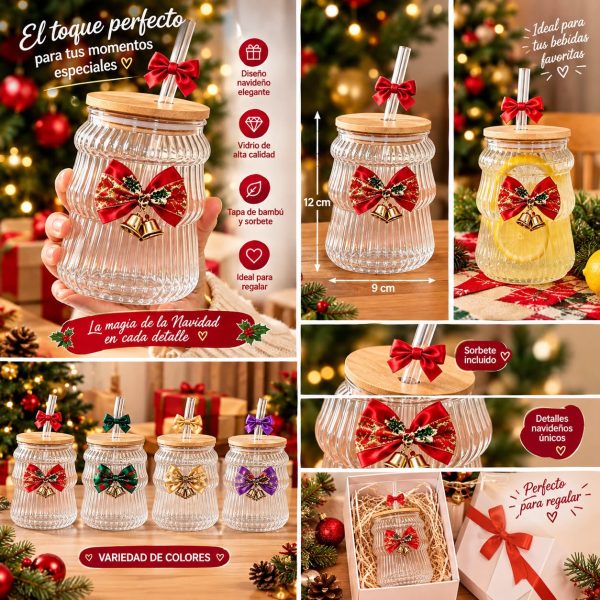 VASOS DE VIDRIO CON TAPA DE BAMBÚ NAVIDEÑOS